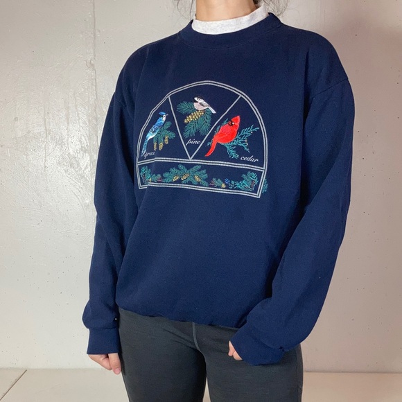 Vintage Grandmacore Embroidered Bird Watching Winter Sweatshirt - Picture 1 of 13